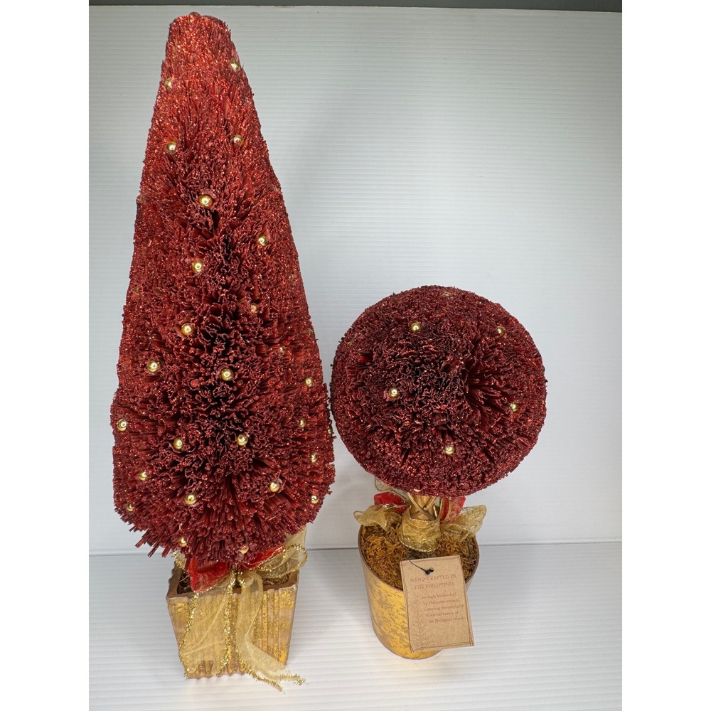 Red Glitter Topiary Christmas Tree Set Handcrafted Philippines Gold Accents NEW